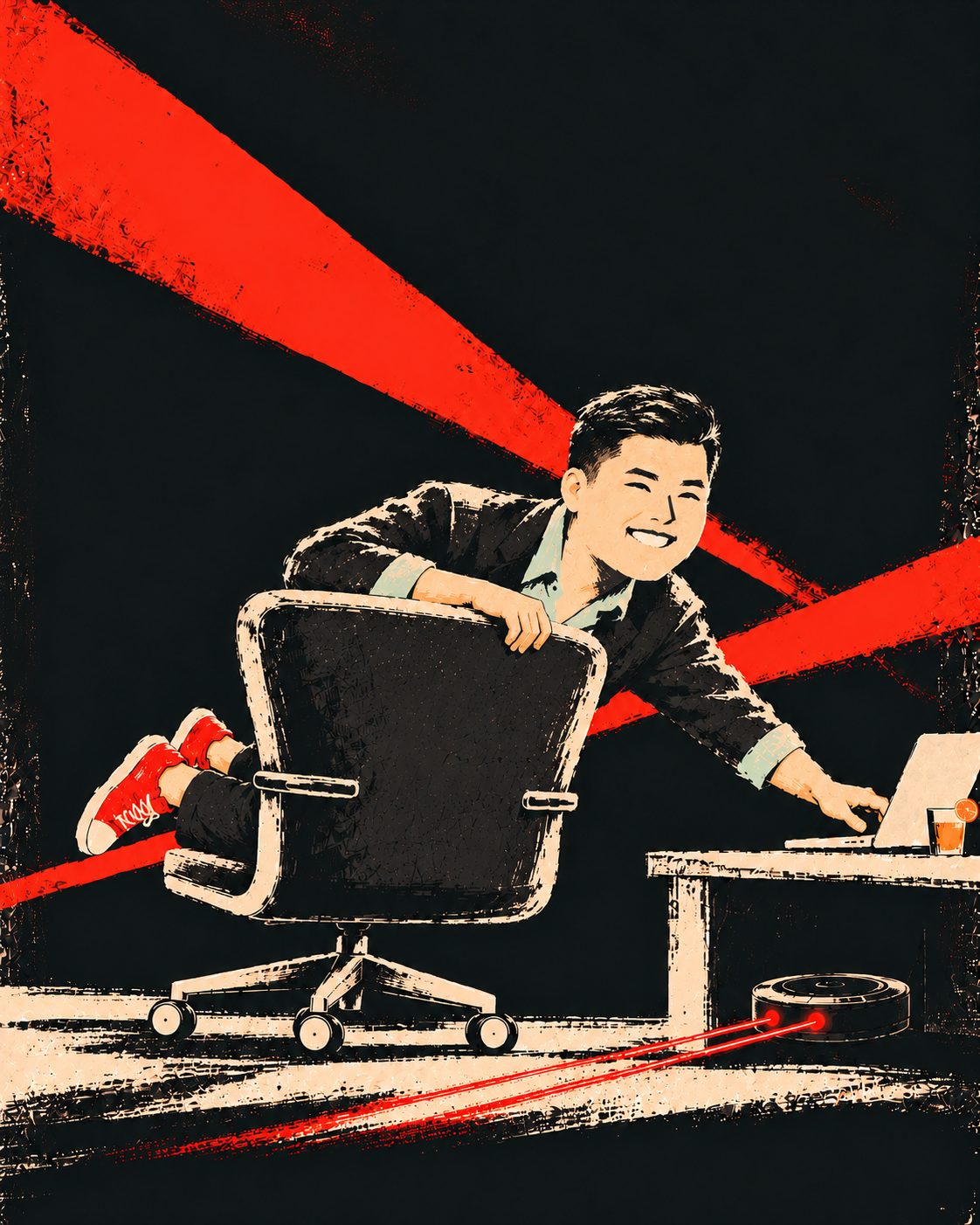 A painted interpretation of Dragon kneeling on a backward-facing chair and leaning over its broad backrest toward a laptop. A robot vacuum under the desk guards the floor with two red laser eyes.